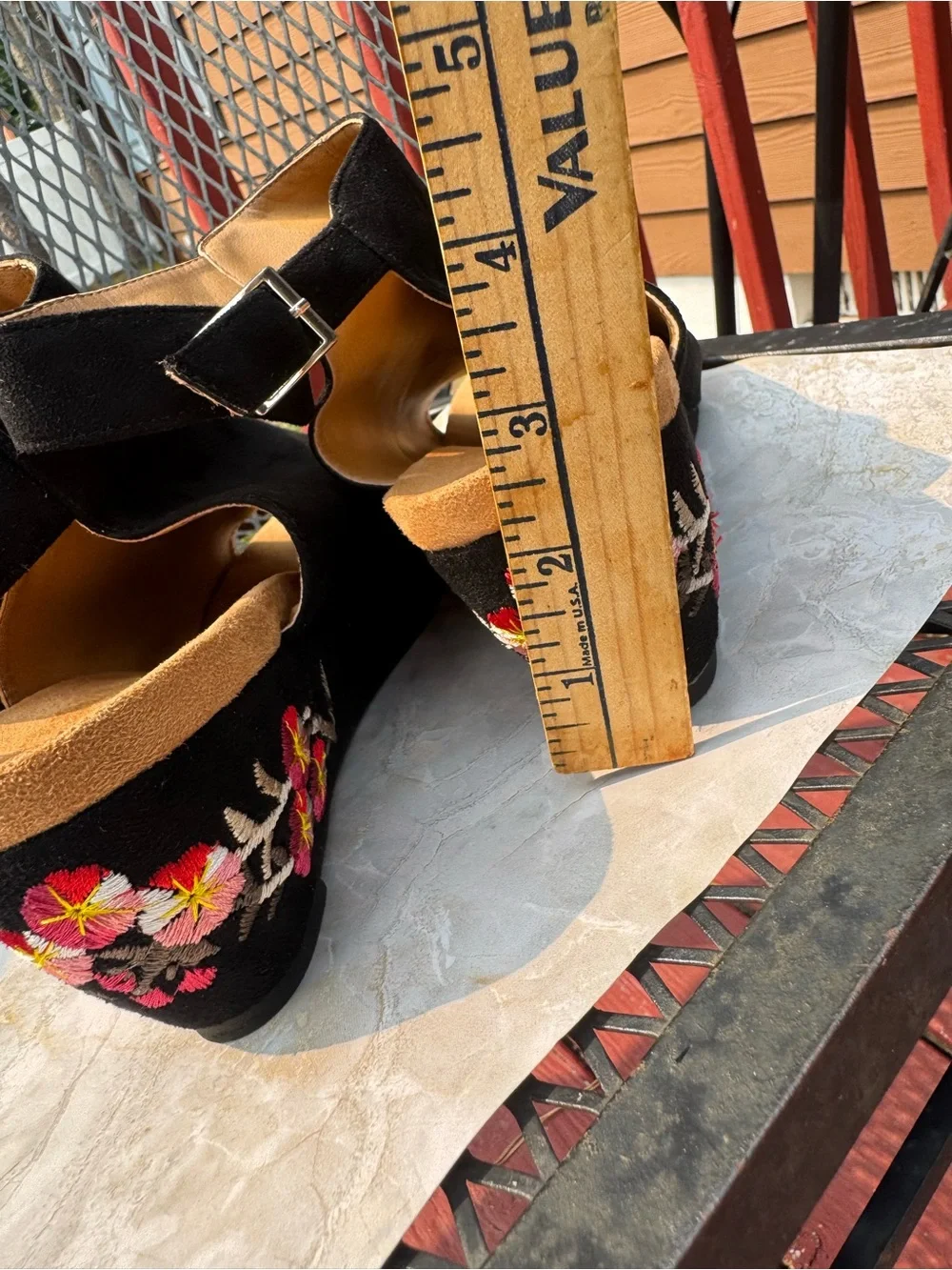Black Swede  Comfortview , Open-Toe Wedge Sandals with Floral Heel, Size 10 WW.